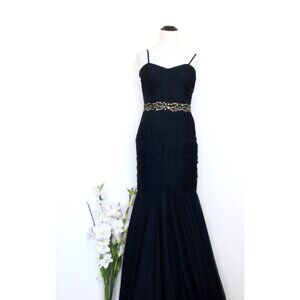 Adrianna Papell  Mermaid Formal Evening Dress Gown Embellished Waist Navy Blue 6